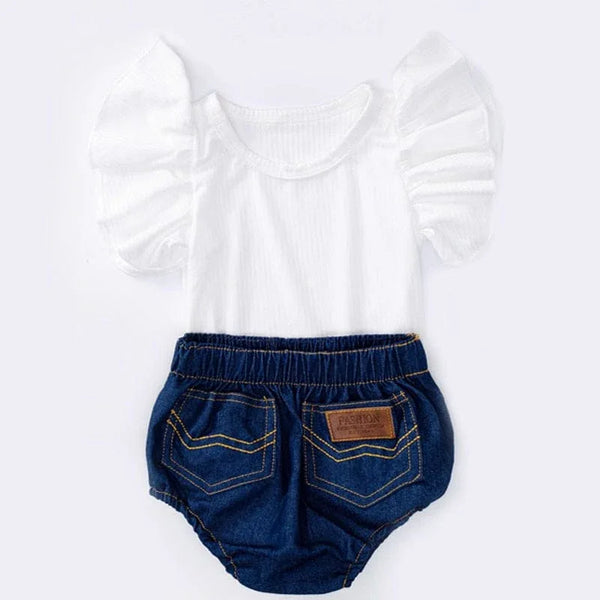 "Pamela-Ann" Denim Bloomers And White Top Outfit - 2 PC Set - The Palm Beach Baby