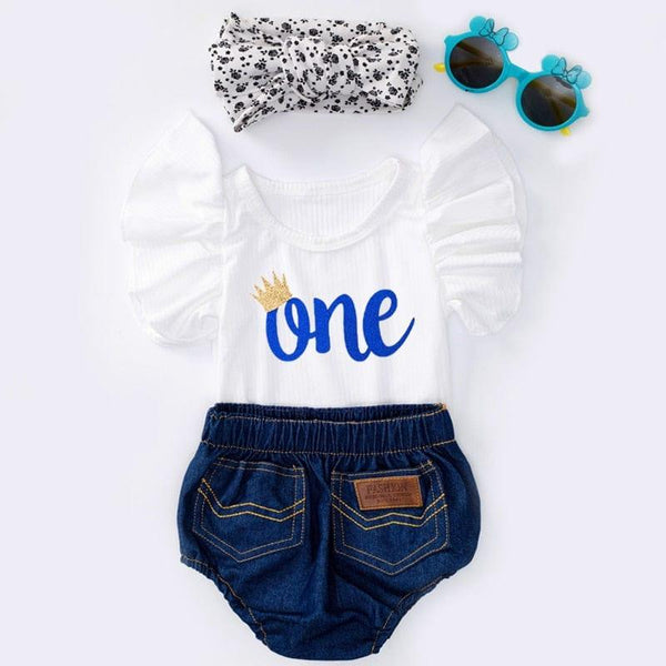 Cute "Pammy-Ann" Embroidered Birthday Denim Bloomer 4 PC Set - The Palm Beach Baby