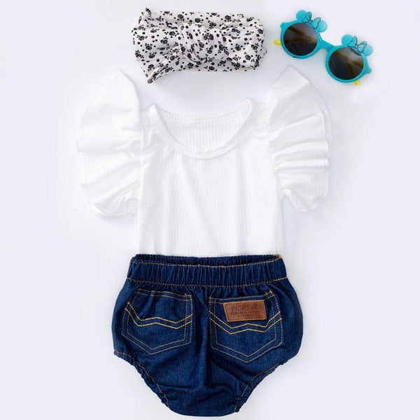 "Pammy-Ann" Baby Girl Denim Outfit - 4 Piece Set with Ruffled Top, Bloomers, Head Bow & Sunglasses - The Palm Beach Baby