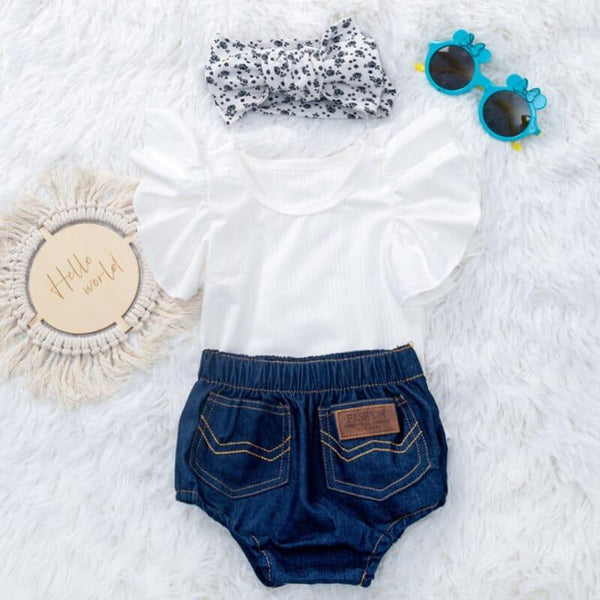 "Pammy-Ann" Baby Girl Denim Outfit - 4 Piece Set with Ruffled Top, Bloomers, Head Bow & Sunglasses - The Palm Beach Baby