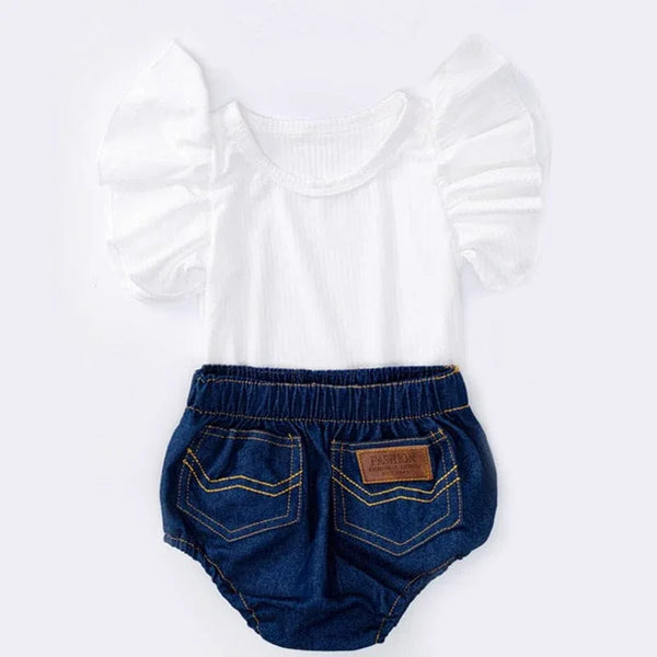 Cute "Pammy-Ann" Embroidered Birthday Denim Bloomer 4 PC Set - The Palm Beach Baby
