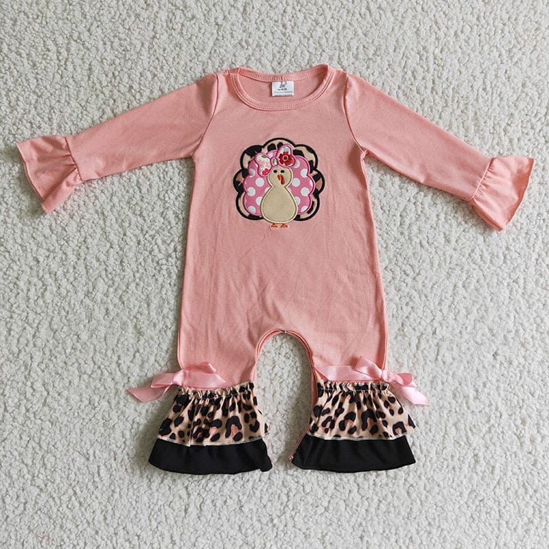babies and kids Clothing LR0112 / 0-3M Fall-Fun Girl's Pink Turkey Romper -The Palm Beach Baby