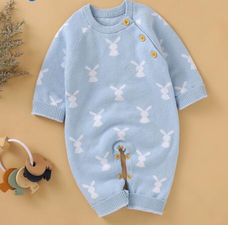 babies and kids Clothing 82W667 blue / 73-6M "Winter Bunny" Knit Baby's Romper -The Palm Beach Baby