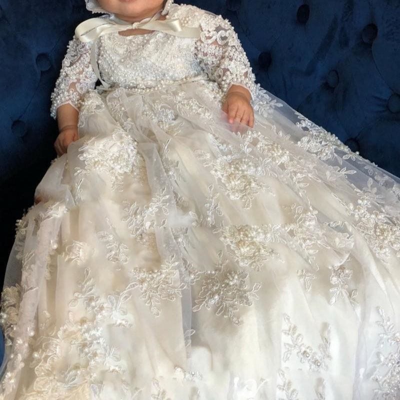 babies and kids Clothing "Eleanor" Elegant Lace Beaded Baptism Dress With Bonnet -The Palm Beach Baby