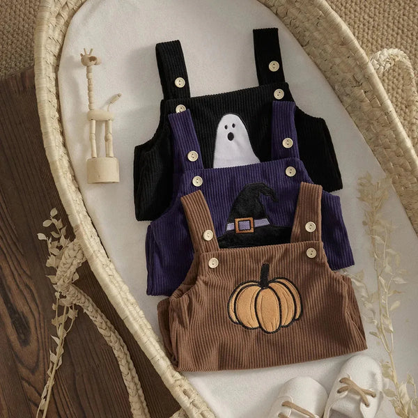 Fall-oween Corduroy Baby Romper Overalls - 3 Fun Designs - The Palm Beach Baby