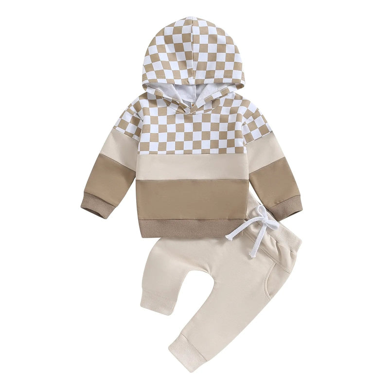 babies and kids Clothing Khaki / 6M "Ready Get Set Go!" Kids Checked 2 PC Warmup Set -The Palm Beach Baby