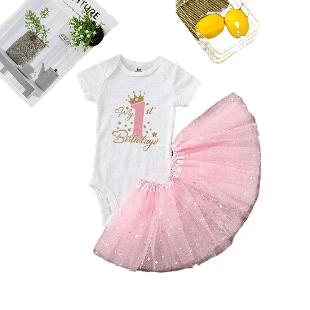 2 PC 'My 1st Birthday' Pink First Birthday Pink Tutu Set - Gold Stars - The Palm Beach Baby