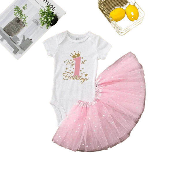 2 PC 'My 1st Birthday' Pink First Birthday Pink Tutu Set - Gold Stars - The Palm Beach Baby