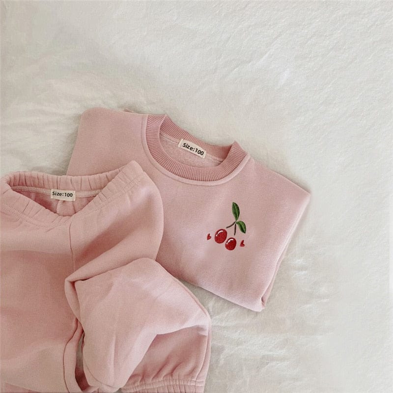 babies and kids Clothing pink cherry / 3-6M 66 2PC Set Embroidered Fleece Suit -The Palm Beach Baby