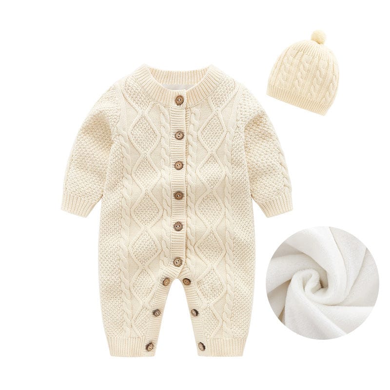 babies and kids clothing Plush beige with hat-01 / 59cm "Cameron" 2-Piece Knit Romper Set - Lined -The Palm Beach Baby