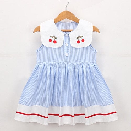 Baby & Kids Apparel Q022 sky blue / 4T Cherry and Stripes Print Dress -The Palm Beach Baby