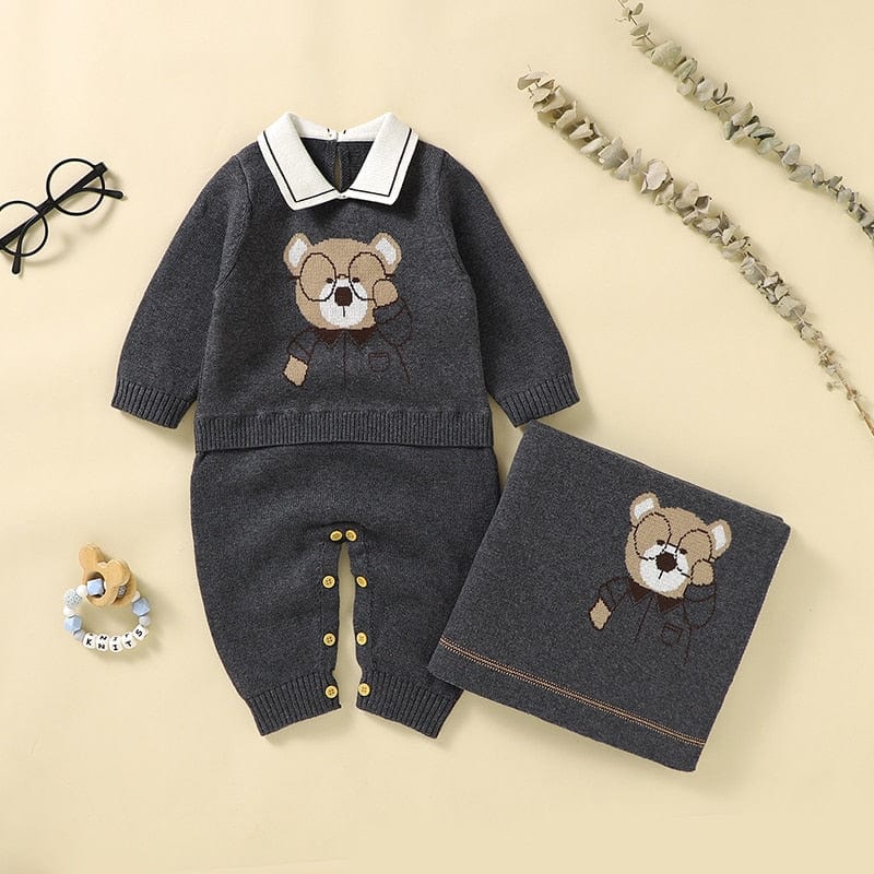 baby kids clothes HD82W1267-1270 1 / 0-3M "Beary Sweet" Knit Romper and Matching Blanket -The Palm Beach Baby