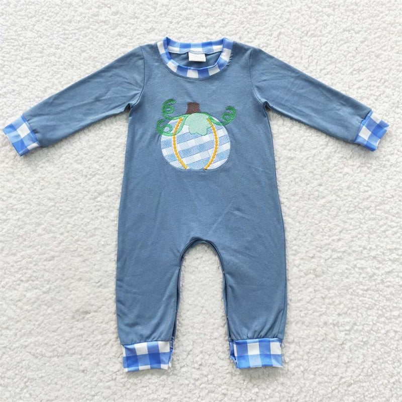 babies and kids Clothing LR0319 / 0-3M Fall-Fun Girl's Blue Pumpkin Romper -The Palm Beach Baby