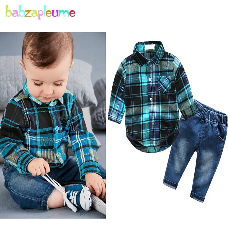 babies and kids Clothing 2PCS / 3M "Heath" Boy's Plaid Shirt And Jeans Set -The Palm Beach Baby