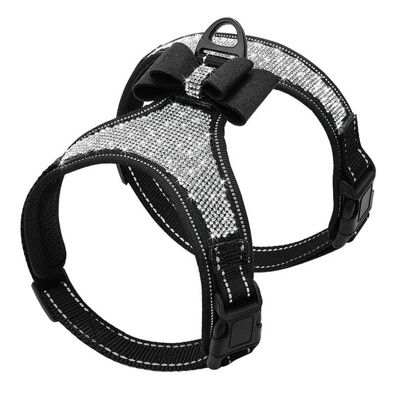 pet harness Black / S DIVA Pet Refective Rhinestone Harness With Bow -The Palm Beach Baby