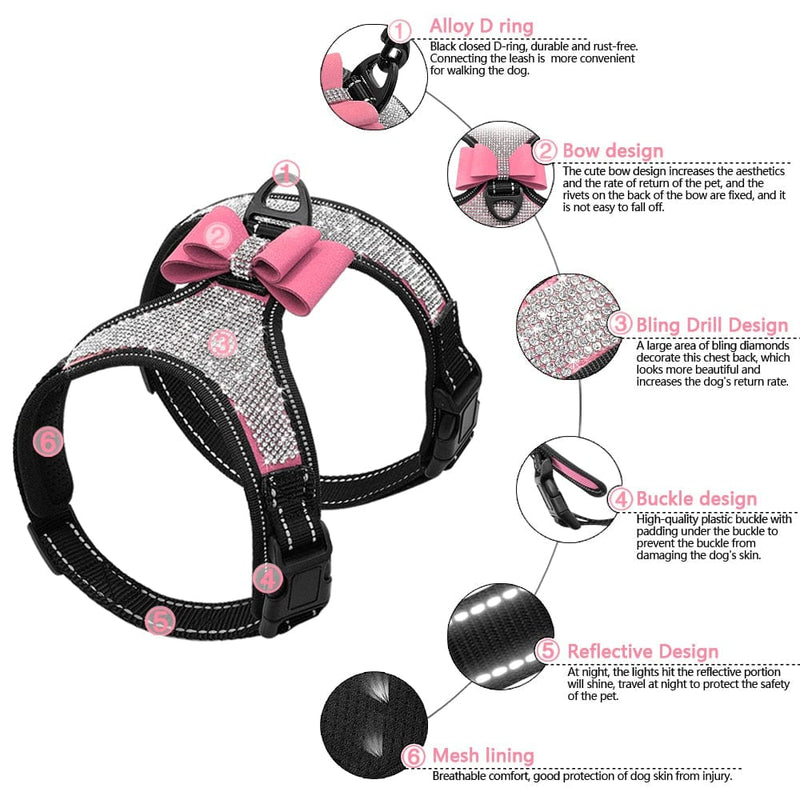 pet harness DIVA Pet Refective Rhinestone Harness With Bow -The Palm Beach Baby