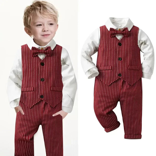 "Jack" 3 Pc Boys Pinstripe Suit Set with Bowtie, Vest, Elastic Waist Pants - The Palm Beach Baby