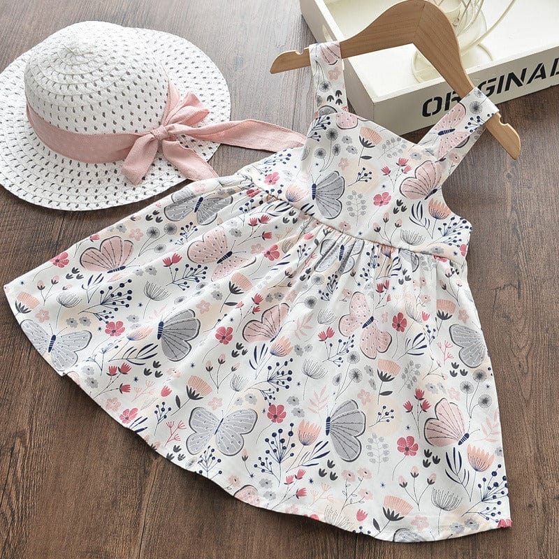 babies and kids clothing "May Belle" Flower And Butterflyl Print Dress With Hat -The Palm Beach Baby