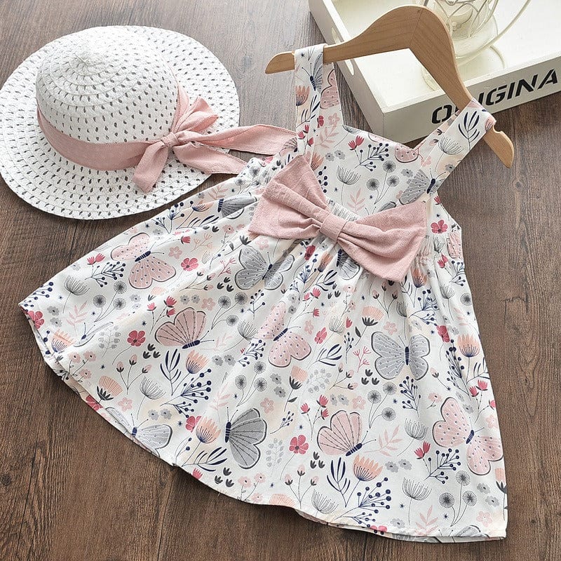 babies and kids clothing Pink / 80 "May Belle" Flower And Butterflyl Print Dress With Hat -The Palm Beach Baby