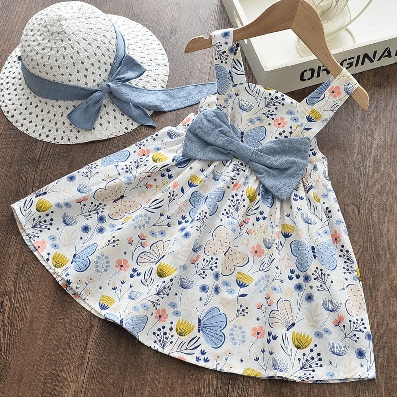 babies and kids clothing Wathet / 80 "May Belle" Flower And Butterflyl Print Dress With Hat -The Palm Beach Baby