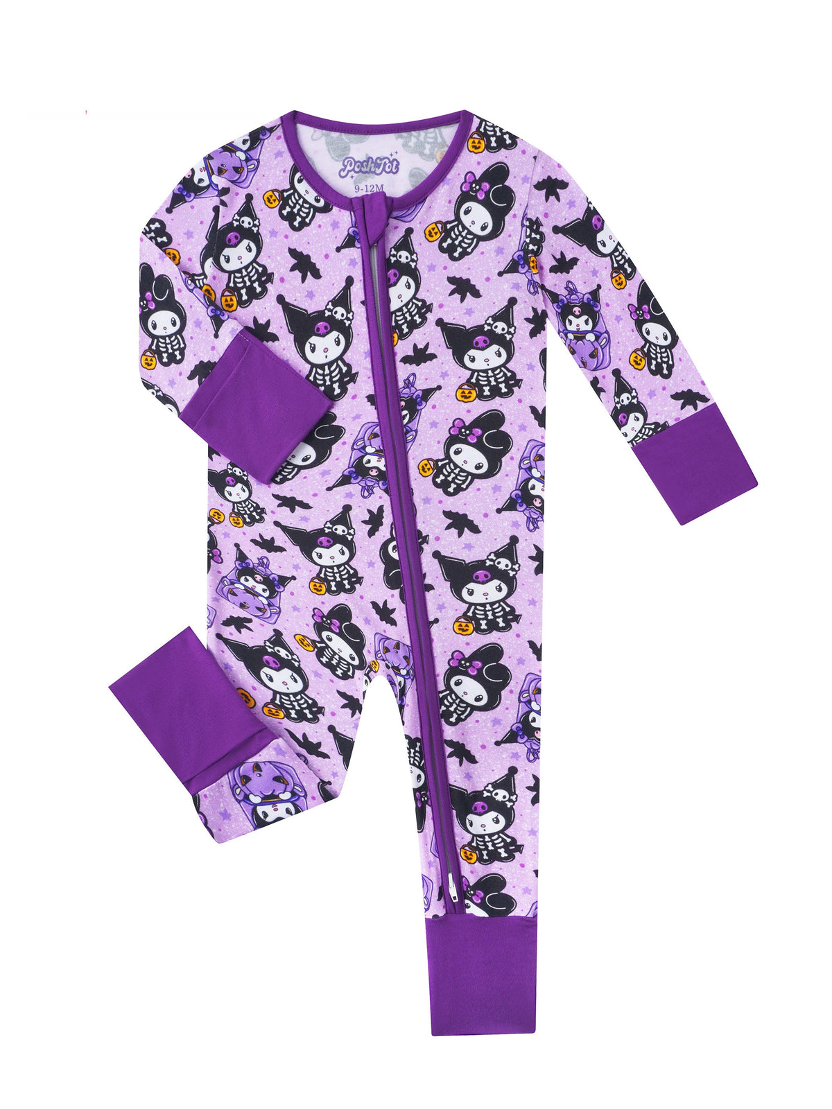 Flat-lay of purple convertible zippy romper with all-over Kuromi pattern and solid purple cuffs