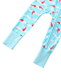 Light blue baby onesie with colorful flamingo pattern on a white background