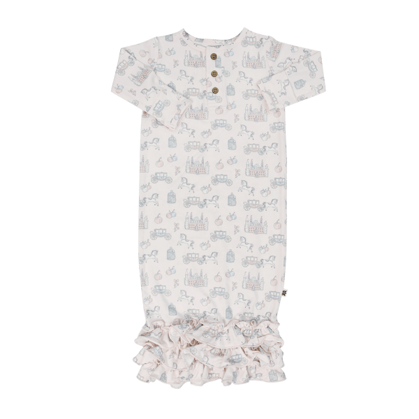 Fairy Godmother ruffle gown with castle print, front snaps, and ruffled hem for a sweet homecoming look.