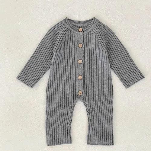 gray fall knit baby romper for infants with long sleeves and wooden buttons