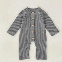 gray fall knit baby romper for infants with long sleeves and wooden buttons