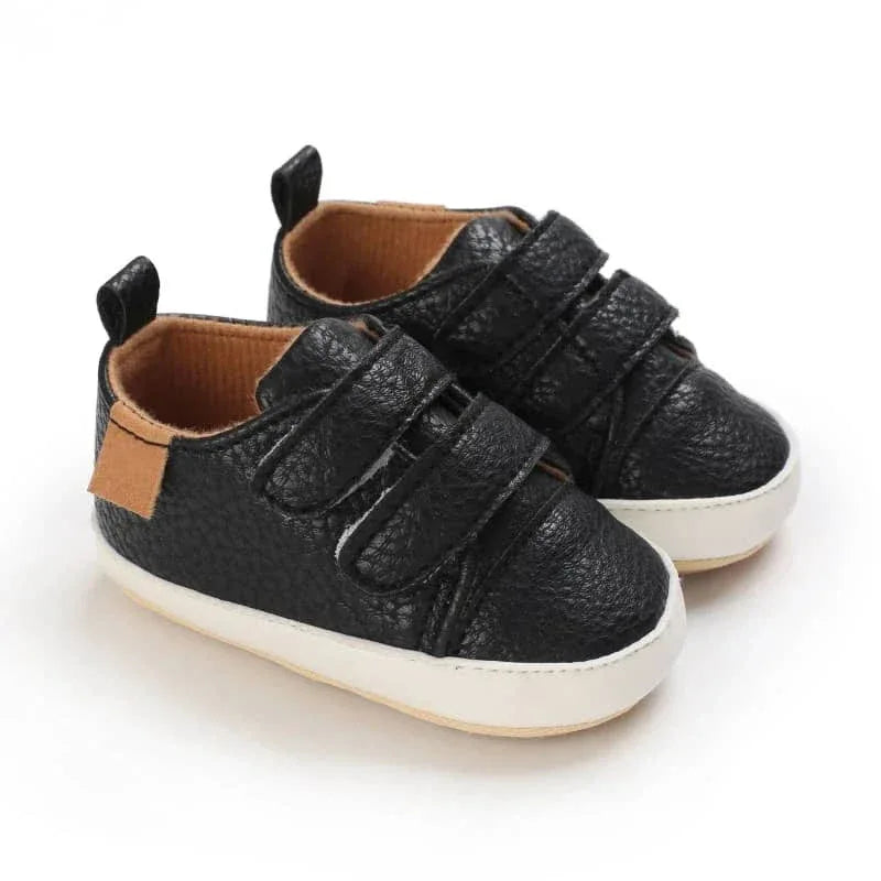 black faux leather baby shoes with double straps for toddlers in size small