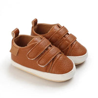 brown faux leather baby shoes with white soles for infants with double velcro straps