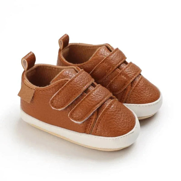 brown faux leather baby shoes with white soles for infants with double velcro straps