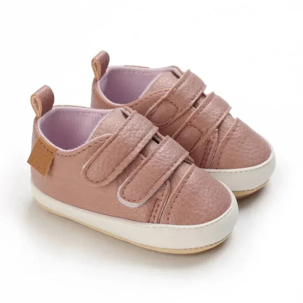 pink faux leather baby shoes for infants with Velcro straps for easy wear