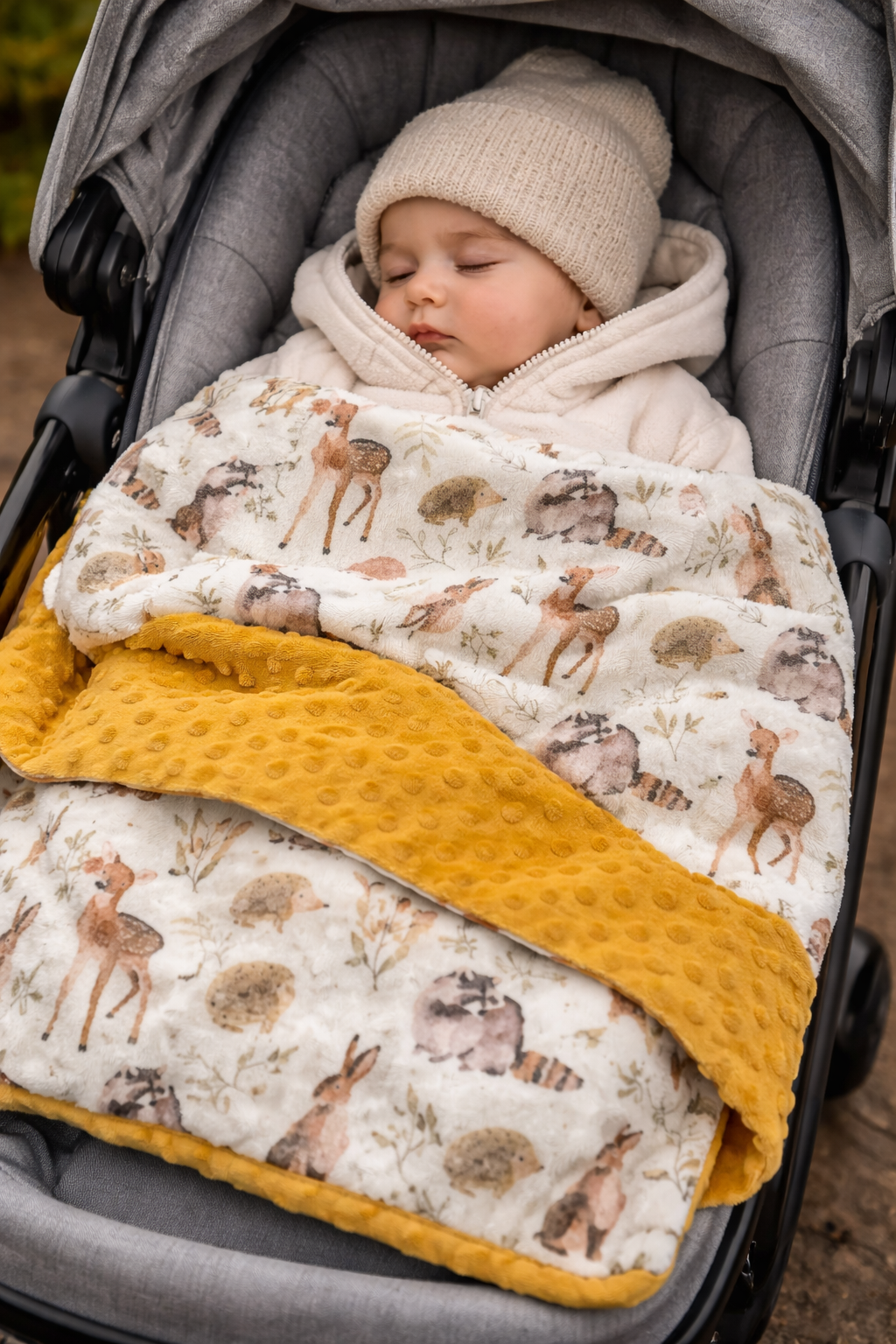 Baby asleep in stroller, wrapped in Forest Friends Minky Blanket featuring woodland animals and a mustard textured blanket.