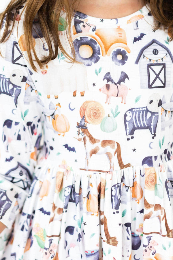 Stay Spooky 3/4 Sleeve Pocket Twirl Dress for Girls - The Palm Beach Baby