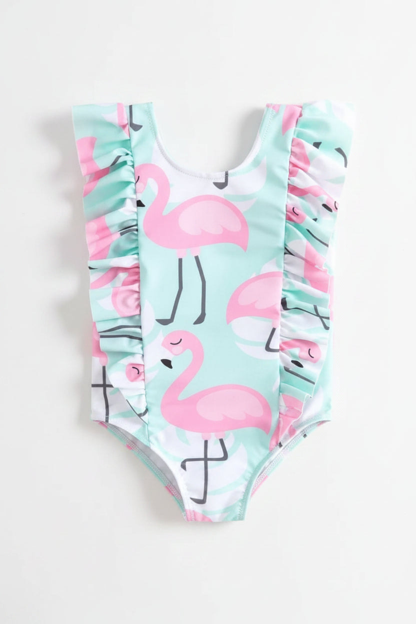 Toddler girls flamingo swimsuit for toddler girls in pastel blue with pink flamingo print and ruffle details