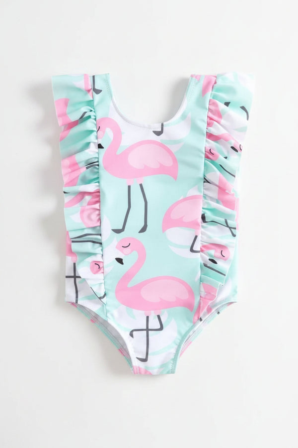 Toddler girls flamingo swimsuit for toddler girls in pastel blue with pink flamingo print and ruffle details