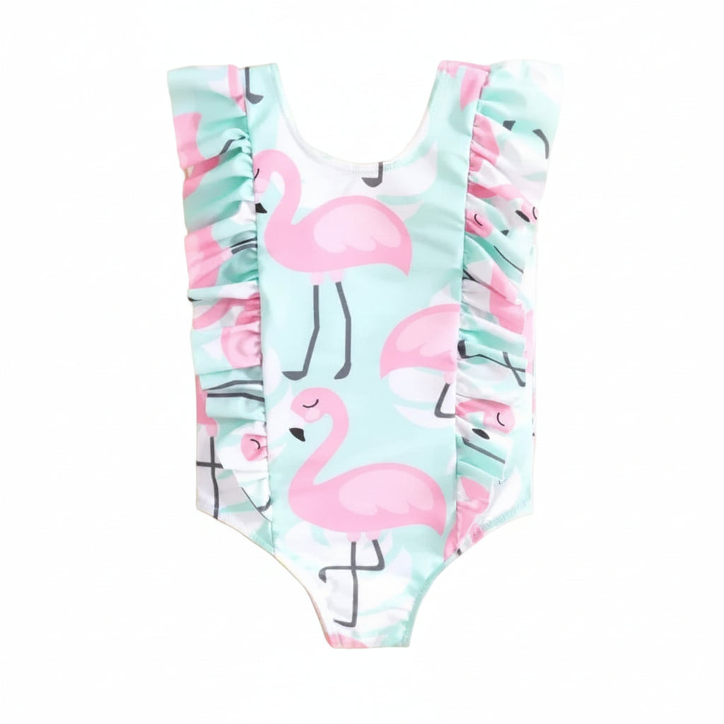 Toddler girls flamingo swimsuit for toddler girls in pastel blue with pink flamingo print and ruffle sleeves