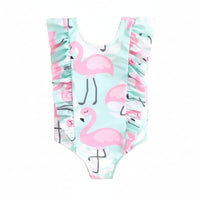 Toddler girls flamingo swimsuit for toddler girls in pastel blue with pink flamingo print and ruffle sleeves