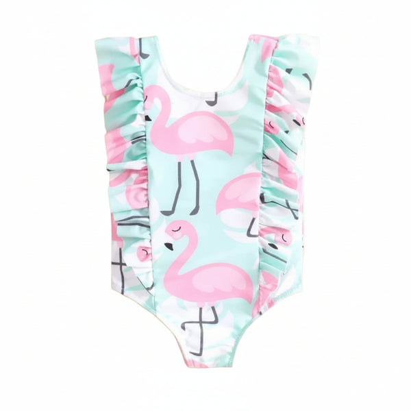 Toddler girls flamingo swimsuit for toddler girls in pastel blue with pink flamingo print and ruffle sleeves
