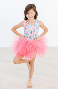 Girls flamingo tutu leotard for girls in pink and blue with sleeveless tank top and fluffy tutu skirt