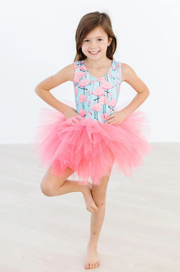 Girls flamingo tutu leotard for girls in pink and blue with sleeveless tank top and fluffy tutu skirt
