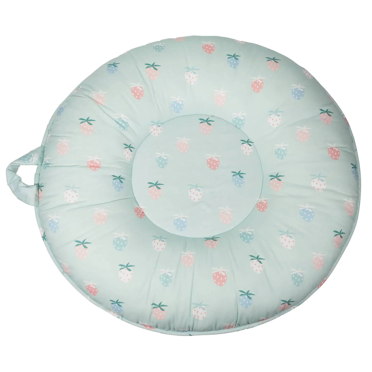 Pastel blue toddler round floor cushion with colorful strawberry pattern and handle