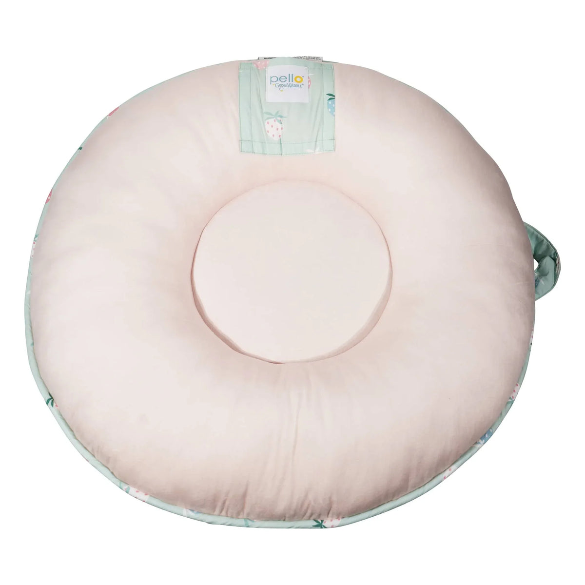 Goosewaddle toddler round floor cushion in soft pink with mint green floral edges for young children
