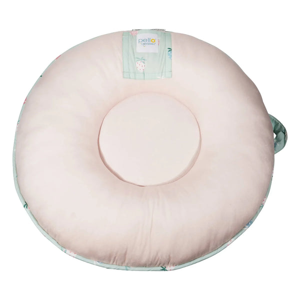 Goosewaddle toddler round floor cushion in soft pink with mint green floral edges for young children