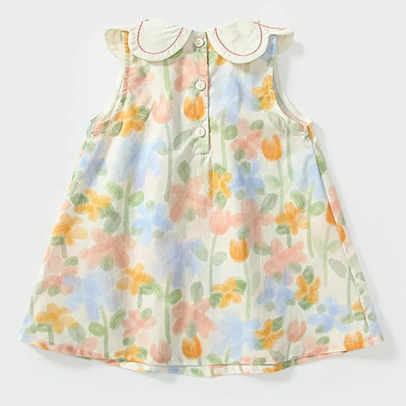 floral baby dress with lace collar in pastel colors for infants with sleeveless design and button front
