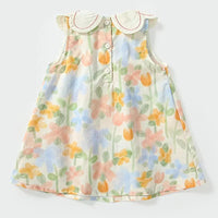 floral baby dress with lace collar in pastel colors for infants with sleeveless design and button front