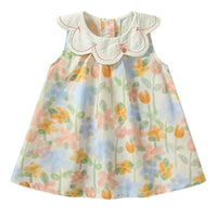 floral baby dress with lace collar, pastel colors, sleeveless dress for infants and toddlers