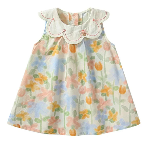 floral baby dress with lace collar, pastel colors, sleeveless dress for infants and toddlers