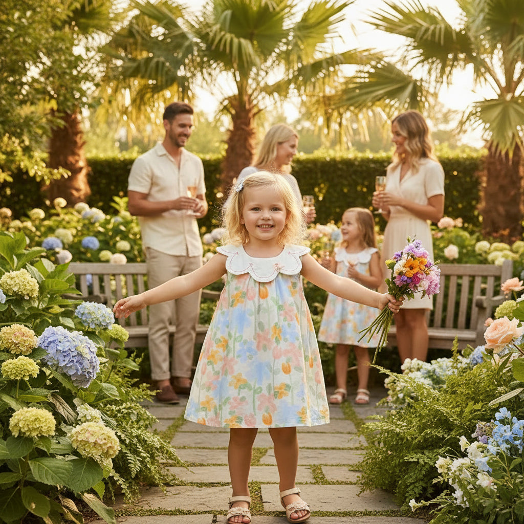babies floral baby dress with lace collar in pastel colors with sleeveless design